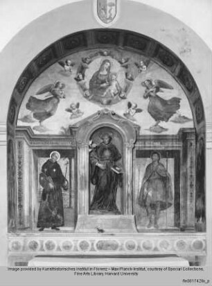 Nischenausmalung für Altar des Nikolaus von Tolentino : Maria mit Kind und Engeln über dem heiligen Nikolaus von Tolentino und Rochus (Nikolausstatue: 1736)