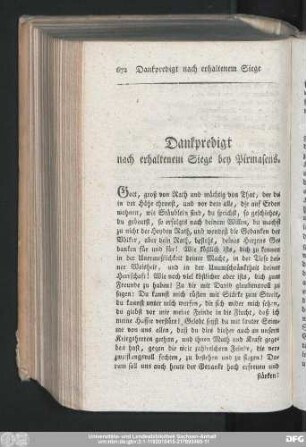 Dankpredigt nach erhaltenem Siege bey Pirmasens.