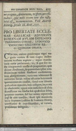 Item Pro Libertate ecclesiae Gallicae adversus Romanam aulam defensio Parisiensis curiae, Ludovico XI. Gallorum regi quorundam oblata