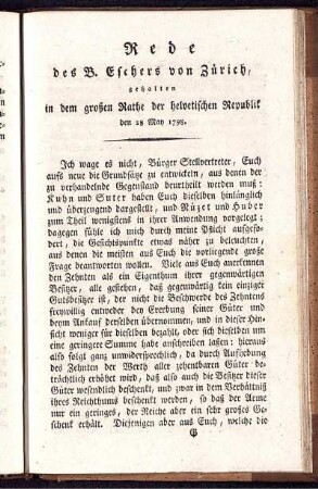 Rede des B. Eschers von Zürich, gehalten in dem großen Rathe der helvetischen Republik den 28 May 1798.