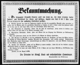 Bekanntmachung über Öffnungszeiten u.a. der Königlichen Gemälde-Galerie vom 19.08.1839