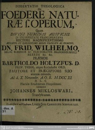 Dissertatio Theologica De Foedere Naturae s. Operum