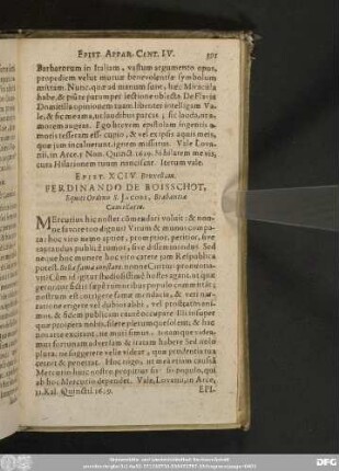 Epist. XCIV. Bruxellam. Ferdinando De Boisschot, Equiti Ordinis S. Iacobi, Brabantiae Cancellario.