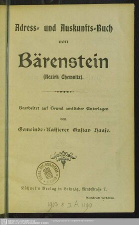 1903: Adress- und Auskunfts-Buch von Bärenstein (Bezirk Chemnitz)