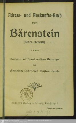 1903: Adress- und Auskunfts-Buch von Bärenstein (Bezirk Chemnitz)