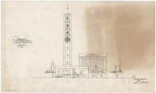 Gsaenger, Gustav; München - Fürstenried; Ev. Andreas Kirche, Pfarrhaus und Siedlung Fürstenried 2 - Vorprojekt Ostseite (Ansicht)