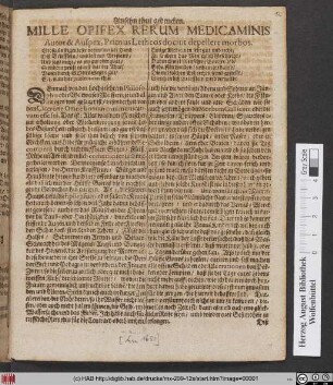 Mille Opifex Rerum Medicaminis Autor & Auspex, Primus Letheos dociut depellere morbos ; [Dieser Kunstreicher/ weitberühmter Niederländischer Leib-Medicus ... Hermannus Meyer, ... des Herrn Reichs-Marschallen von Papenheim ... ist wohnhaft in ... Hamburg/ anjetzo aber in die Löblichen Stadt]