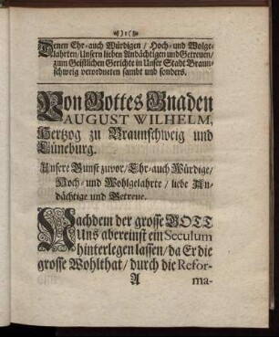 Von Gottes Gnaden August Wilhelm, Herzog zu Braunschweig und Lüneburg.