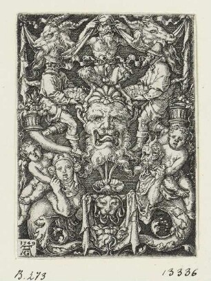 Ornament mit Maske zwischen zwei Tritonen, zwei Bauern und einem Satyr