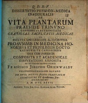 Diss. phys. med. inaug. de vita plantarum