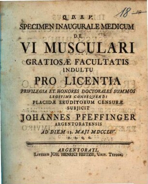 Specimen Inaugurale Medicum De Vi Musculari : Gratiosæ Facultatis Indultu Pro Licentia Pricilegia Et honores Doctoralies Summos Legitime Consequendi