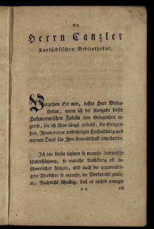 An Herrn Canzler Kursächsischen Bibliothekar.