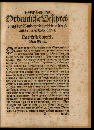 Ordendtliche Beschreibung der Winde und des Gewitters/ dieses 1584. Schalt Jars.