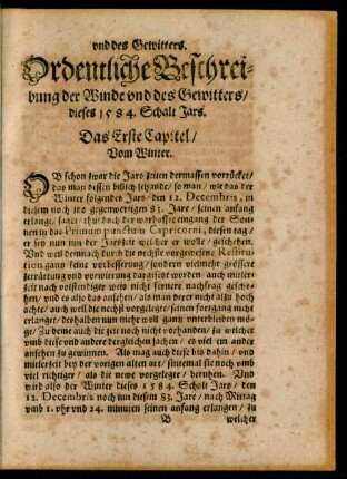 Ordendtliche Beschreibung der Winde und des Gewitters/ dieses 1584. Schalt Jars.