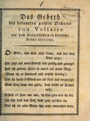Das Gebeth des bekannten großen Dichters von Voltaire