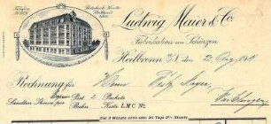 Rechnung Schürzenfabrik Ludwig Maier & Co. mit Firmenansicht [Mozartstraße 1]