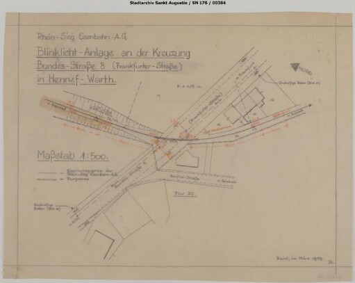Hennef-Warth: Bahnübergang Frankfurter Straße (B8). Blinklichtanlage.