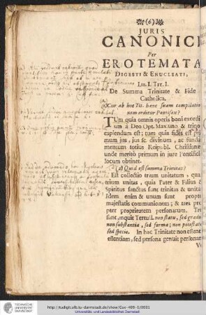 JURIS CANONICI Per EROTEMATA Per EROTEMATA DIGESTI ET ENUCLEATI LIB. I. TIT. I. De Summa Trinitate & Fide Catholica.
