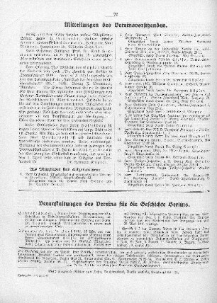 Mitteilungen des Vereinsvorsitzenden