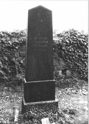 Grabstein 16 (Index: 99808383) Material: Granit Zustand: gut Maße HxBxT: 187x49x25 cm Beschreibung: konische Stele, getreppter Sockel, giebelartiger Abschluß Symbolik: Ranken: Grabstein 16