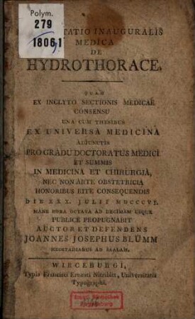 Dissertatio inauguralis medica de hydrothorace