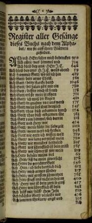 Register aller Gesänge dieses Buchs nach dem Alphabet/ wie sie auff ihren Blättern zufinden.