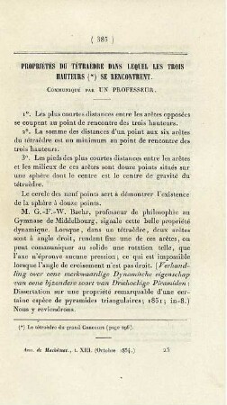 Propriétés du tétraèdre dans les trois hauteurs se rencontrent.