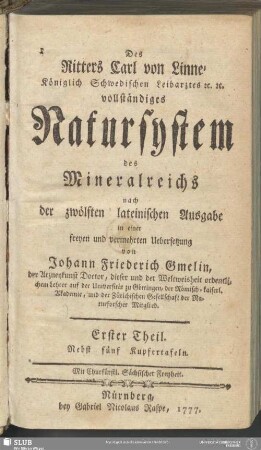 1: Des Ritters Carl von Linné ... vollständiges Natursystem des Mineralreichs