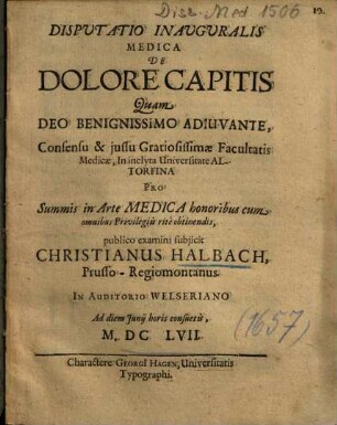 Disputatio Inauguralis Medica De Dolore Capitis