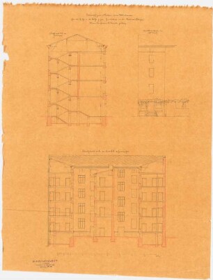 Wohnhaus Karuth in der Berliner Straße, Breslau: Querschnitt durch das Vorderhaus, Teil-Aufriss der Gartenfassade (ein Seitenflügel), Querschnitt durch die Seitenflügel, Maßstabsleiste