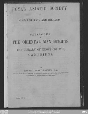 Royal Asiatic Society of Great Britain and Ireland : Catalogue of the Oriental Manuscripts in the Library of King's College, Cambridge