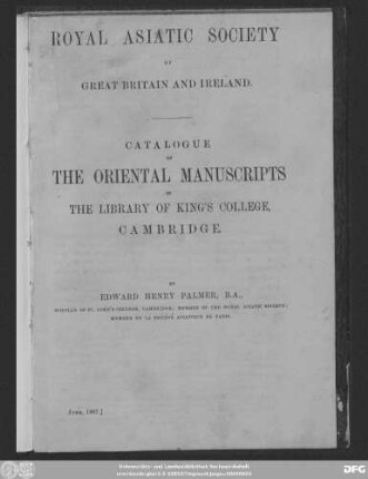 Royal Asiatic Society of Great Britain and Ireland : Catalogue of the Oriental Manuscripts in the Library of King's College, Cambridge
