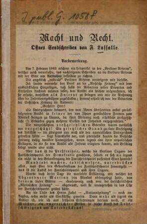 Macht und Recht : Offnes Sendschreiben. [Kopft.]