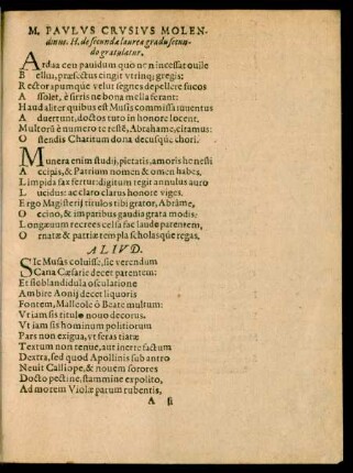 M. Paulus Crusius Molendinus, H. de secundae laureae gradu secundo gratulatur.