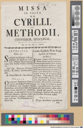 Missa In Festo SS. Cyrilli Et Methodii Confessor. Episcopor. : Die XI. alias Die IX. Martii