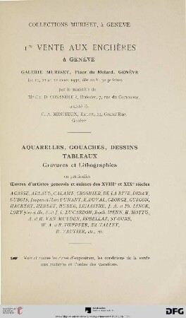 Aquarelles et dessins originaux : gravures anciennes, suisses, francaises et anglaises ; très remaquable série de tableaux et documents originaux Genevois ; [vente] les 10, 11 et 12 mars 1932