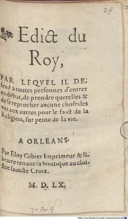 Edict du Roy, Par Lequel Il Defend ... de prendre querelles ... pour le faict de la religion