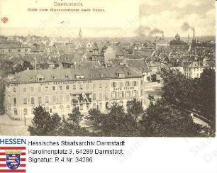 Darmstadt, Blick über die Stadt auf das Hotel-Restaurant 'Zur Oper' vom Museumsturm aus nach Osten
