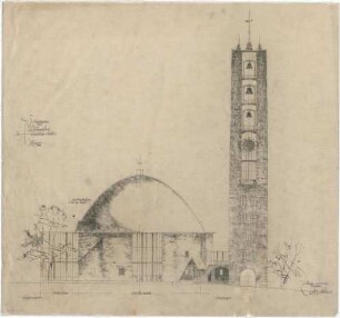 Gsaenger, Gustav; Kassel (Hessen); Kreuzkirche, Wiederaufbau - Eingabeplan zum Wiederaufbau, Südseite (Ansicht)