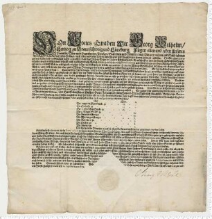 Münzedikt Herzog Georg Wilhelms zu Braunschweig-Lüneburg. Eigenhändige Unterschrift.