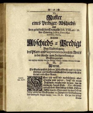 VI. Muster eines Prediger-Abschieds/ aus dem gewöhnlichen Evangelio Joh. VIII, 46.-59.