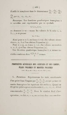 Propriétés générales des surfaces et des lignes, plans polaires et droites polaires.