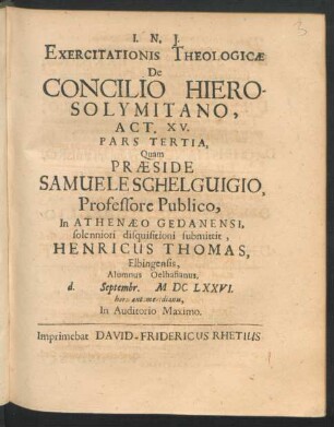 Exercitationis Theologicae De Concilio Hierosolymitano, Act. XV. Pars Tertia