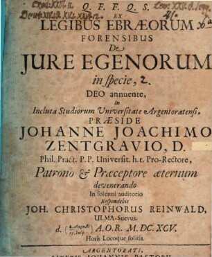 Ex Legibus Ebraeorum Forensibus De Jure Egenorum in specie