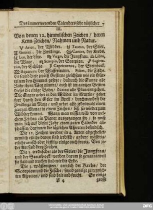 III. Von denen 12. himmlischen Zeichen, deren Kenn-Zeichen, Nahmen und Natur.