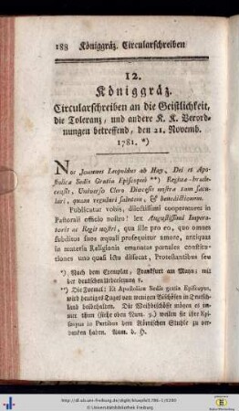 12. Bischöflich-Königgräzisches Circularschreiben an die Geistlichkeit, die Toleranz betreffend, den 21. Nov. 1781.