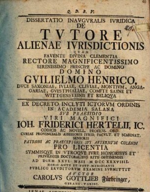 Dissertatio inavgvralis ivridica de tvtore alienae ivrisdictionis