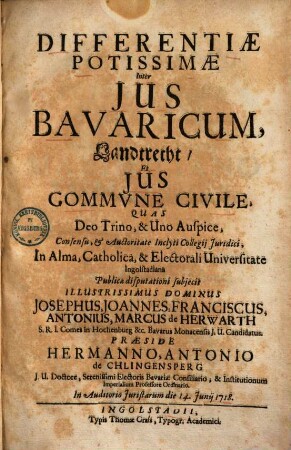 Differentiæ Potissimæ Inter Jus Bavaricum, Landtrecht, Et Jus Commvne Civile