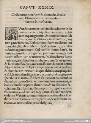 CAPUT XXXIX. De Saturno cum fuerit in domo sua, & aliorum Planetarum in nativitatibus diurnis & nocturnis.