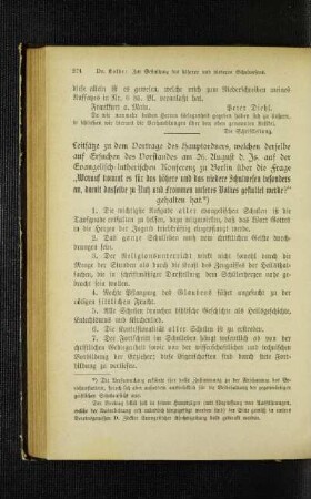 Leitsätze zu dem Vortrage des Hauptordners, welchen derselbe auf Ersuchen des Vorstandes am 26. August d. Js. auf der Evangelisch-lutherischen Konferenz zu Berlin über die Frage "Worauf kommt es für das höhere und das niedere Schulwesen besonders an, damit dasselbe zu Nutz und Frommen unseres Volkes gestaltet werde?" gehalten hat.